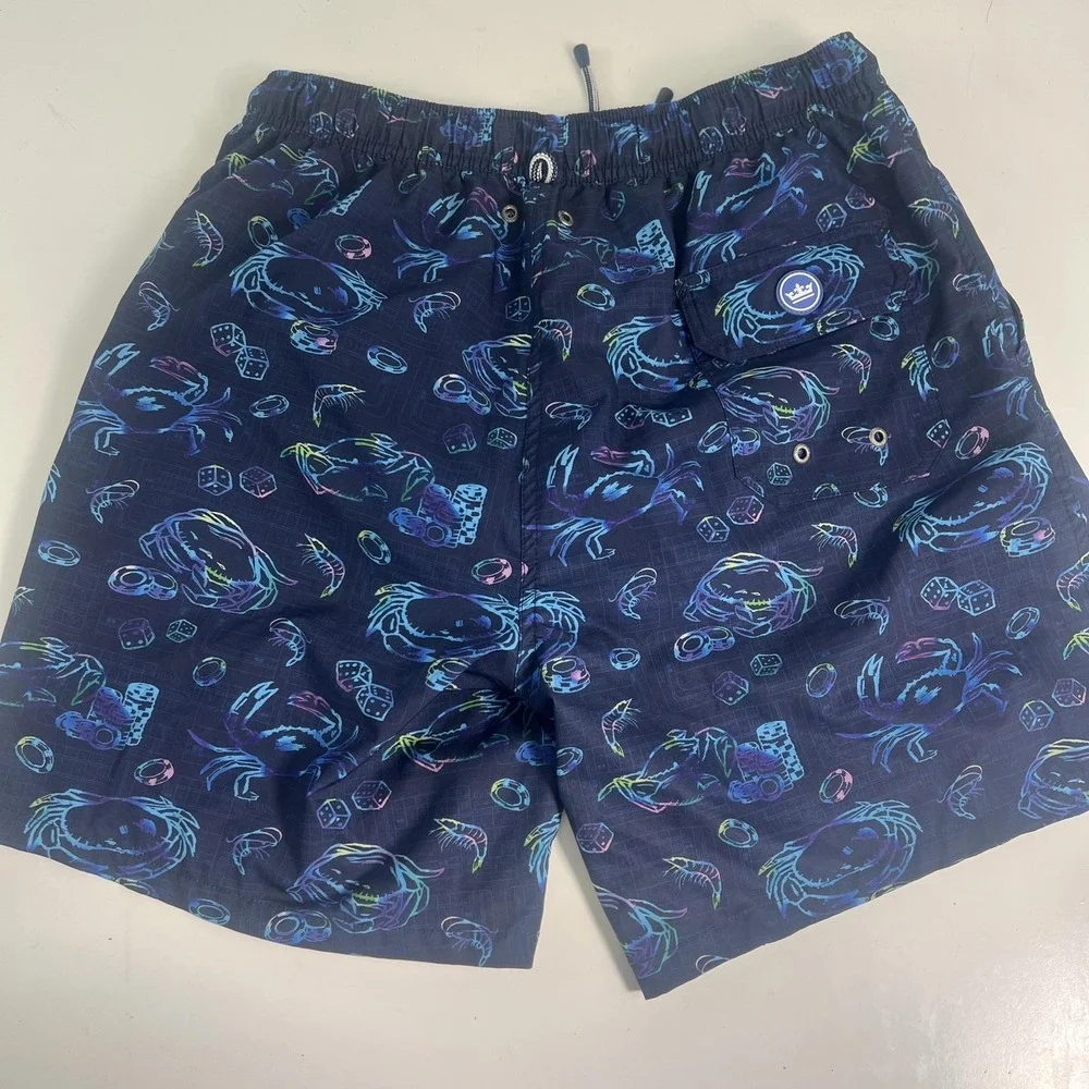 Peter Millar Swim Trunks Mens Medium Blue Crab Dice Casino Print Lined Stretch